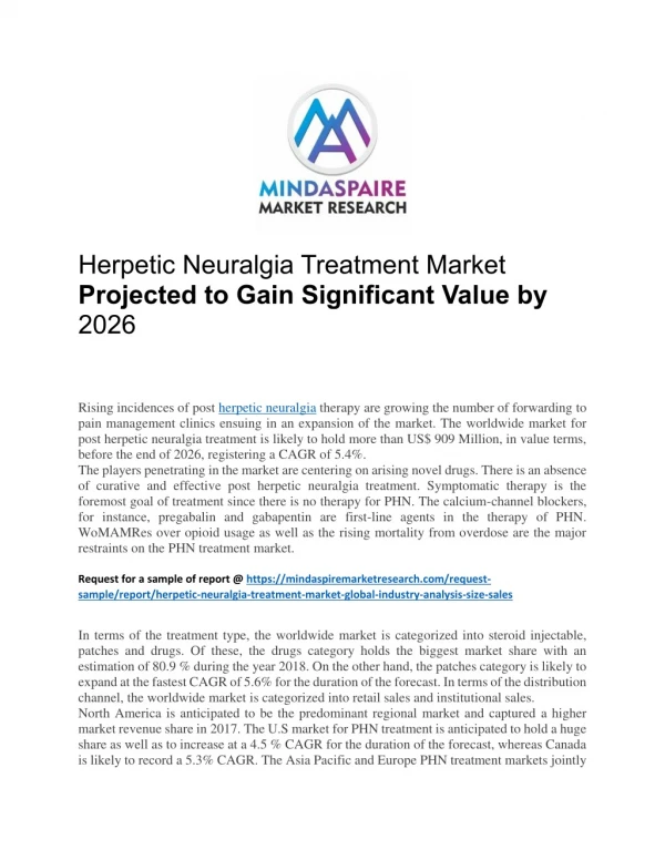Herpetic Neuralgia Treatment Market Projected to Gain Significant Value by 2026