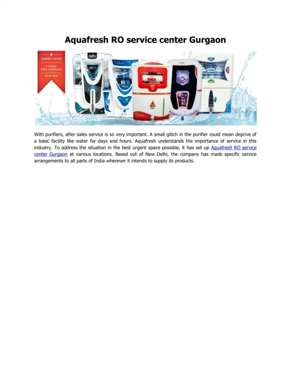 Aquafresh RO service center Gurgaon