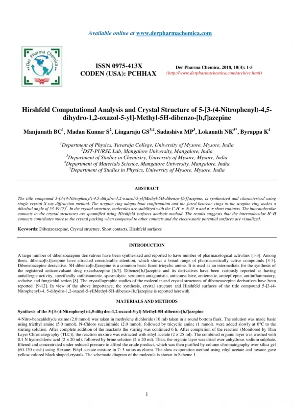 Hirshfeld Computational Analysis and Crystal Structure of 5-[3-(4-Nitrophenyl)-4,5- dihydro-1,2-oxazol-5-yl]-Methyl-5H-d