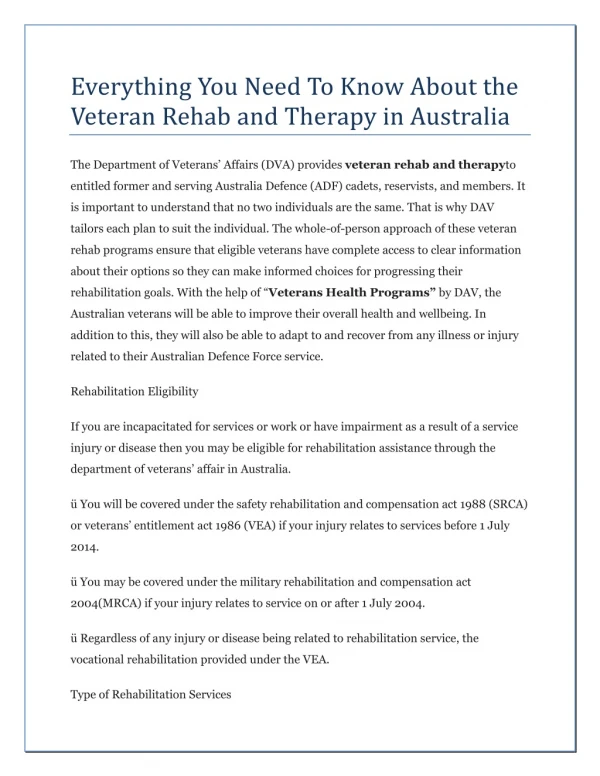 Everything You Need To Know About the Veteran Rehab and Therapy in Australia