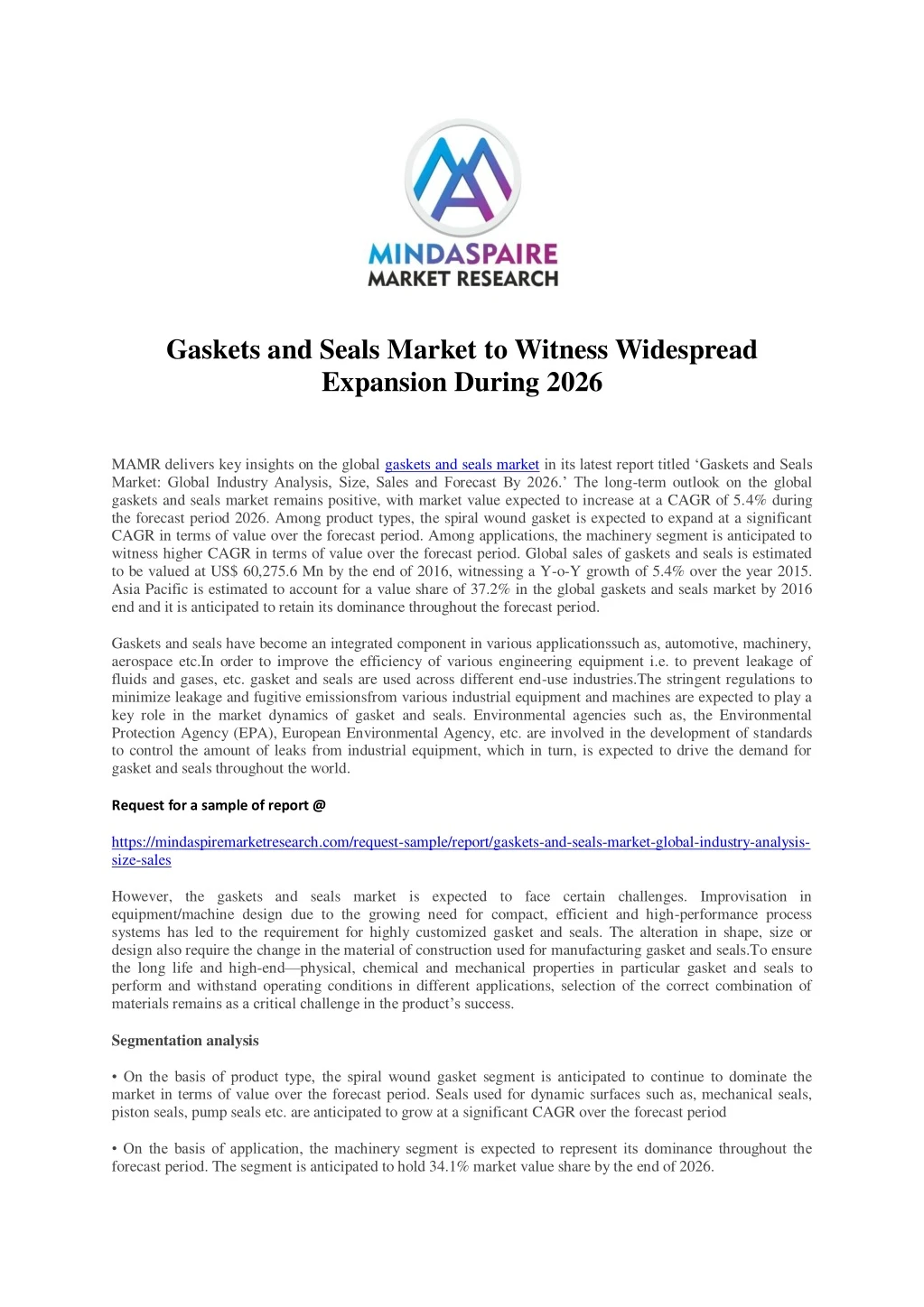 gaskets and seals market to witness widespread