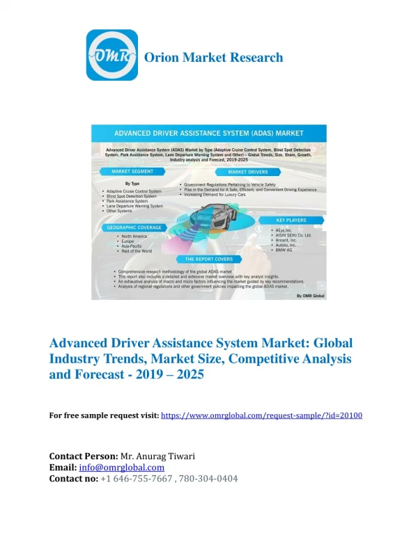 Advanced Driver Assistance System Market: Global Industry Growth, Market Size, Market Share and Forecast 2019-2025
