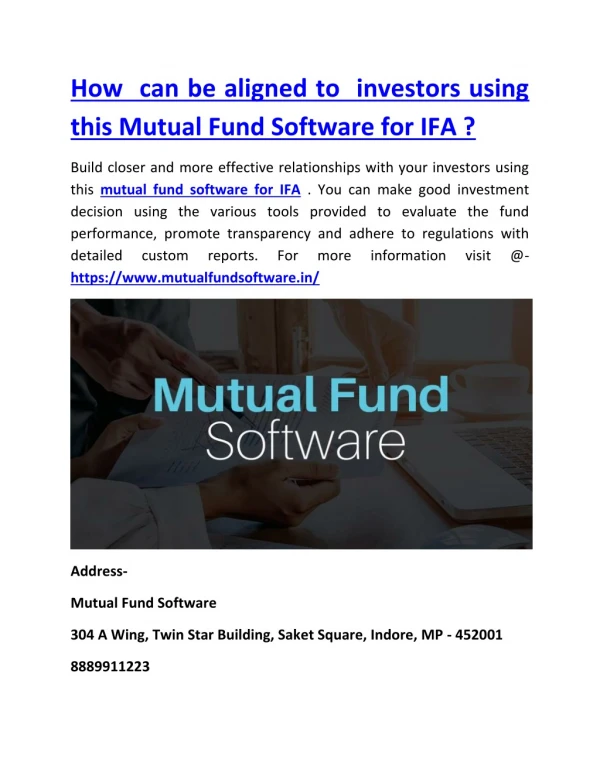 How you can be aligned to your investors using this Mutual Fund Software for IFA ?