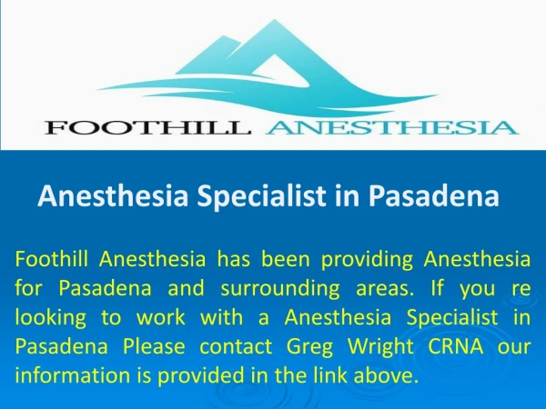 Anesthesia Specialist is Pasadena