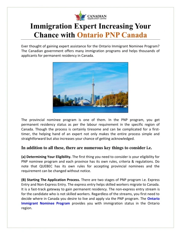 Immigration Expert Increasing Your Chance with Ontario PNP Canada