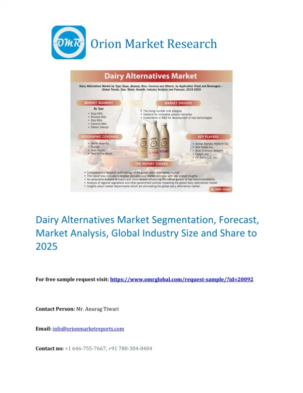 Dairy Alternatives Market: Global Industry Trends, Market Size, Competitive Analysis and Forecast - 2019 – 2025
