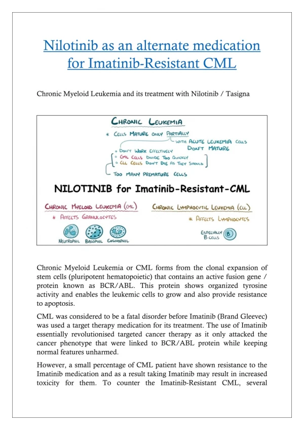 Nilotinib as an alternate medication for Imatinib-Resistant CML