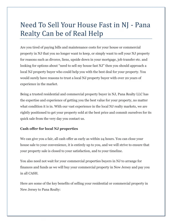 Need To Sell Your House Fast in NJ - Pana Realty Can be of Real Help