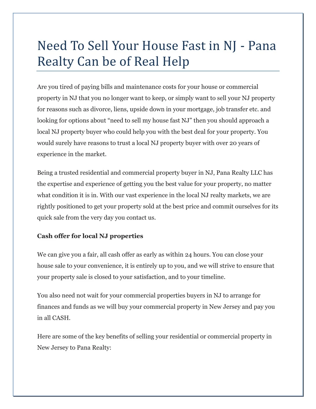 need to sell your house fast in nj pana realty