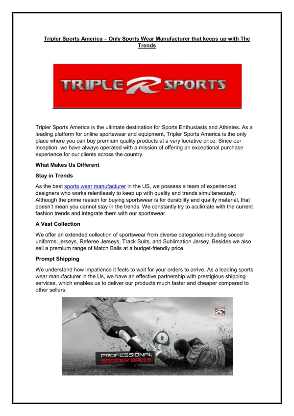 Tripler Sports America – Only Sports Wear Manufacturer that keeps up with The Trends.