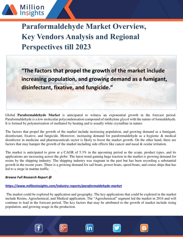 Paraformaldehyde Market Overview, Key Vendors Analysis and Regional Perspectives till 2023