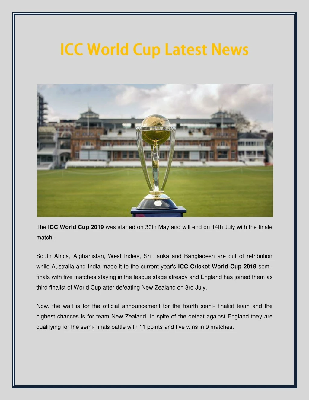 the icc world cup 2019 was started on 30th