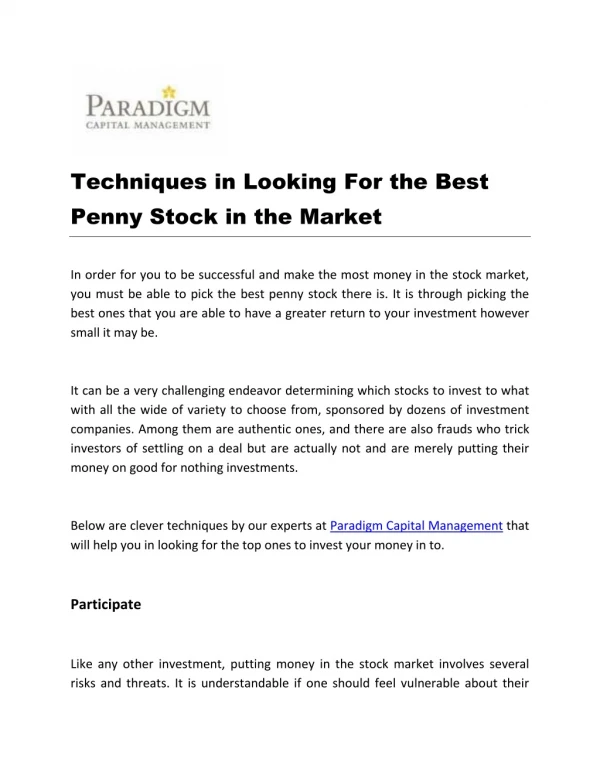 Techniques in Looking For the Best Penny Stock in the Market