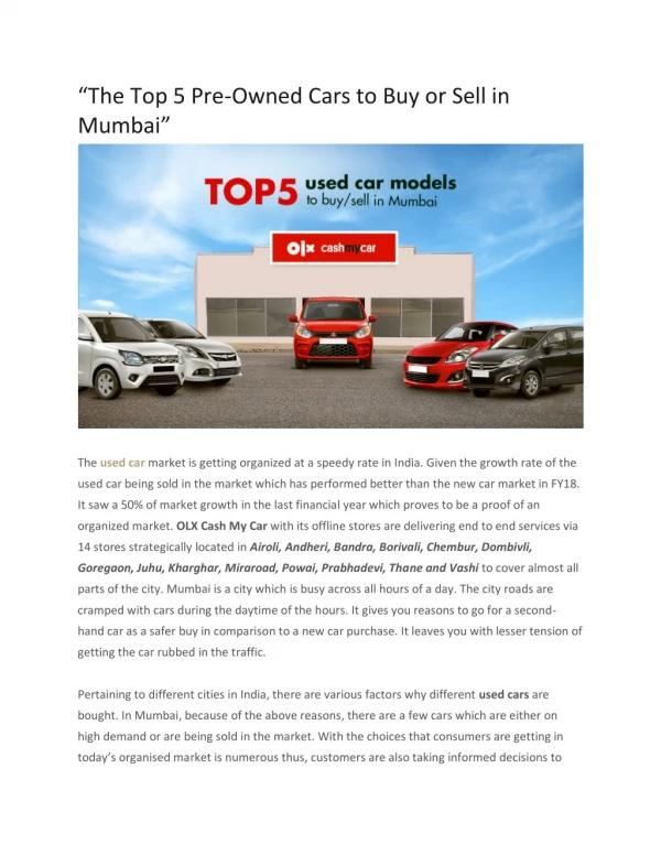 The Top 5 Pre-Owned Cars to Buy or Sell in Mumbai
