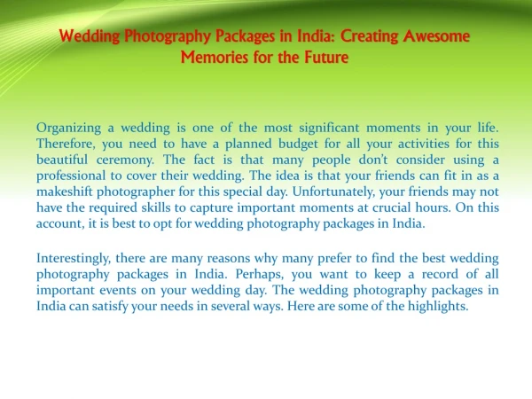 Wedding Photography Packages in India: Creating Awesome Memories for the Future