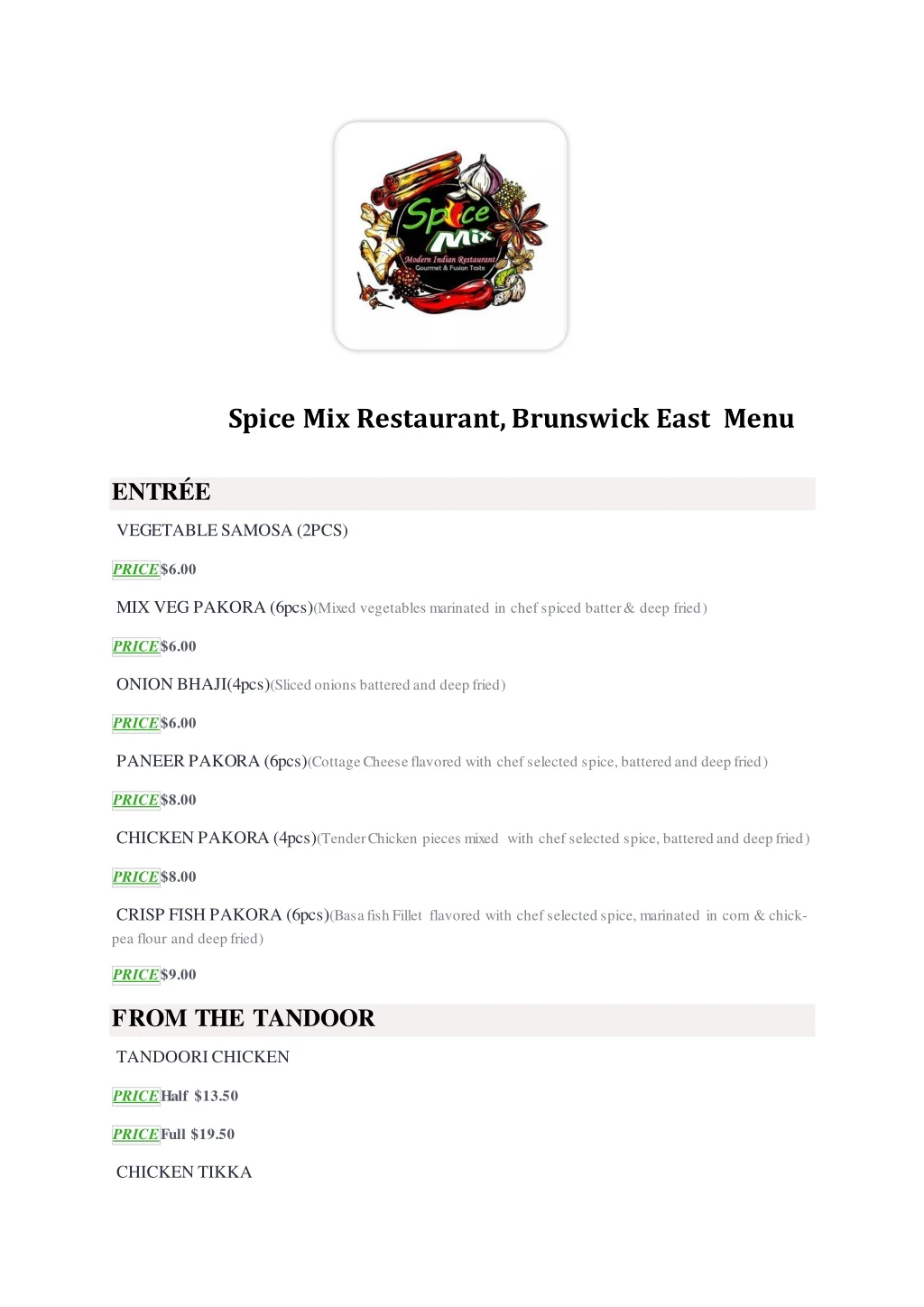 spice mix restaurant brunswick east menu
