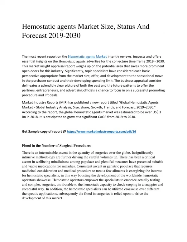 Hemostatic agents Market Set For Rapid Growth By 2030