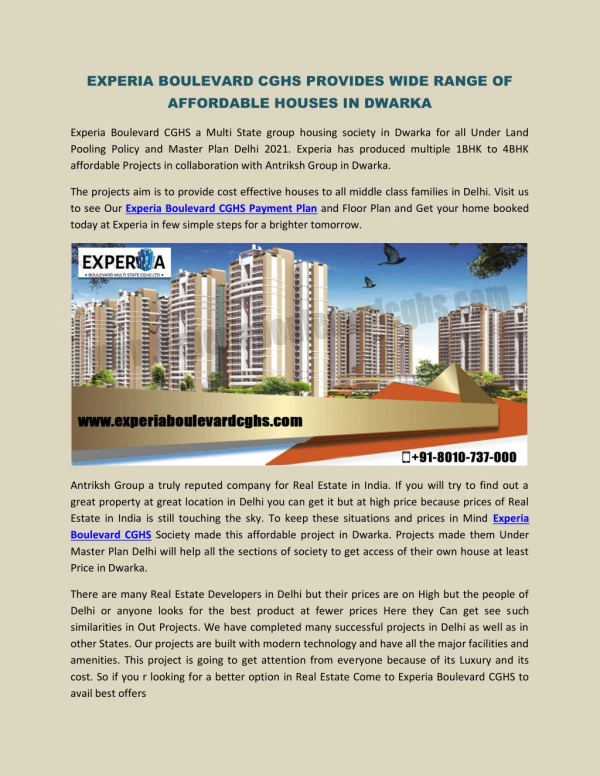 Experia Boulevard CGHS Provides wide range of affordable Houses in Dwarka
