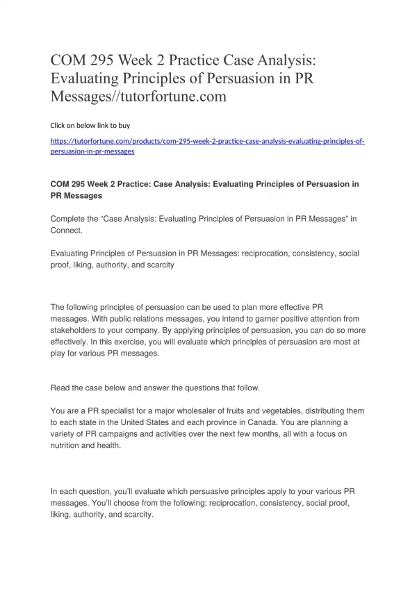 COM 295 Week 2 Practice Case Analysis: Evaluating Principles of Persuasion in PR Messages//tutorfortune.com