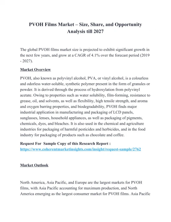 PVOH Films Market – Size, Share, and Opportunity Analysis till 2027