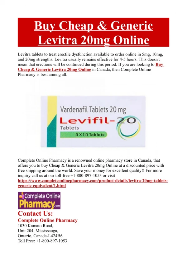 Buy Cheap & Generic Levitra 20mg Online