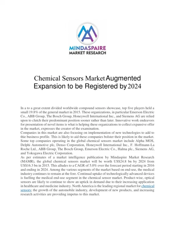 Chemical Sensors Market Augmented Expansion to be Registered by 2024