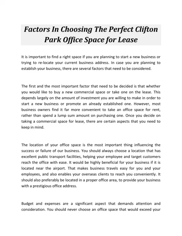 Factors In Choosing The Perfect Clifton Park Office Space for Lease