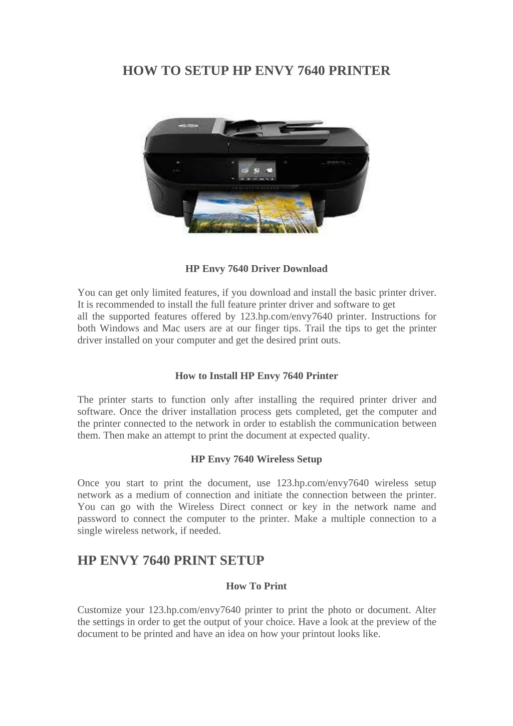 how to setup hp envy 7640 printer