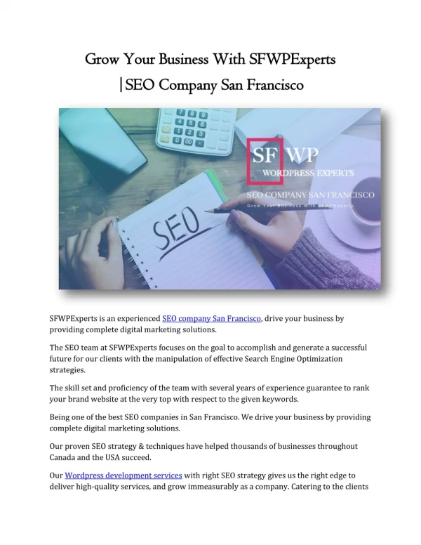 Grow Your Business With SFWPExperts |SEO Company San Francisco