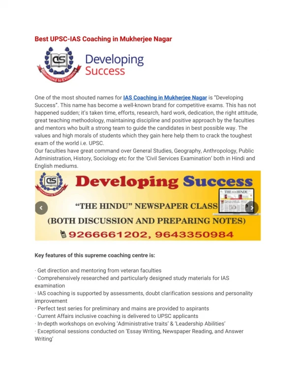 Best IAS Coaching in Mukherjee Nagar-Developing Success