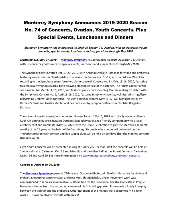 Monterey Symphony Announces 2019-2020 Season No. 74 of Concerts
