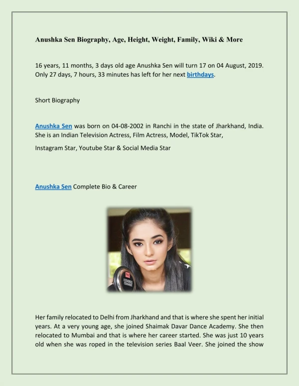Anushka Sen Biography, Age, Height, Weight, Family, Wiki & More