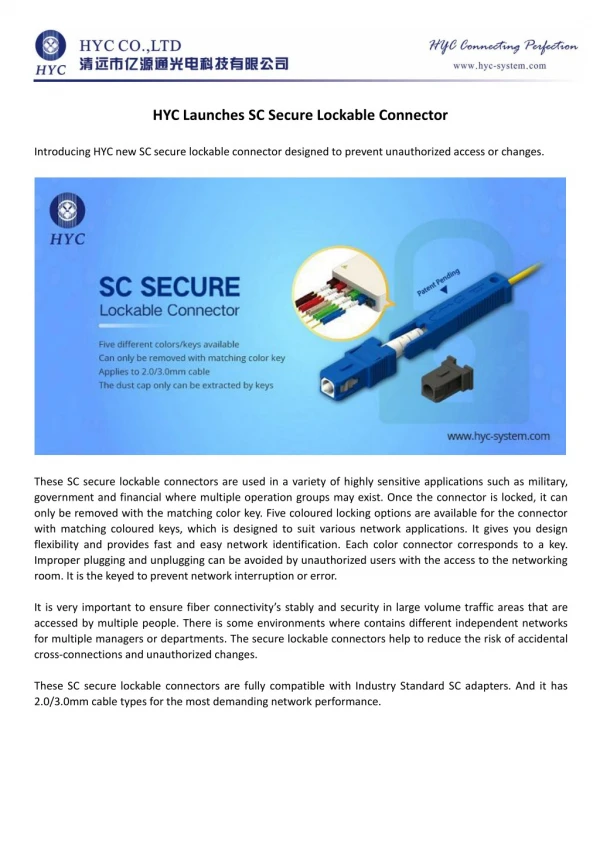 HYC Co., Ltd Launches SC Secure Lockable Connector