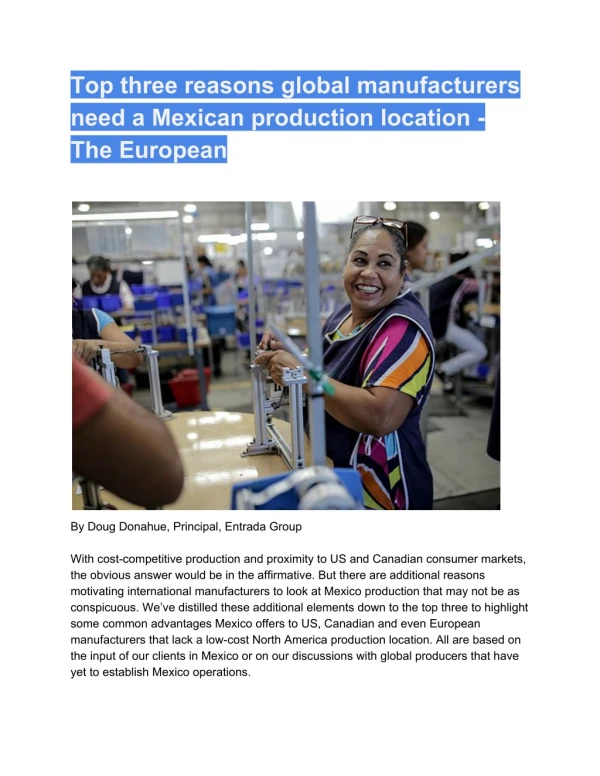 Top three reasons global manufacturers need a Mexican production location - The European