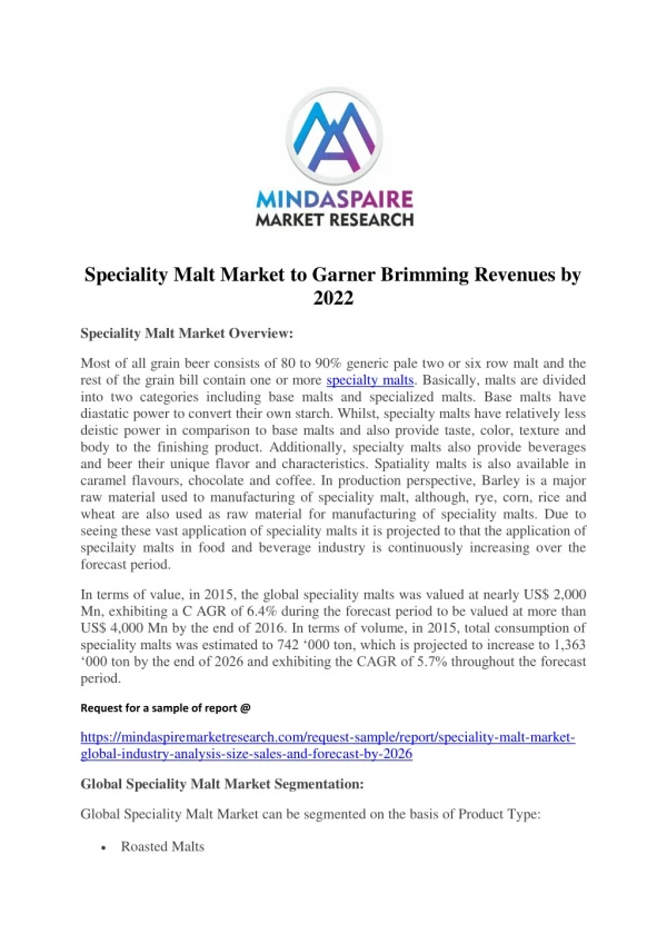 Speciality Malt Market to Garner Brimming Revenues by 2022