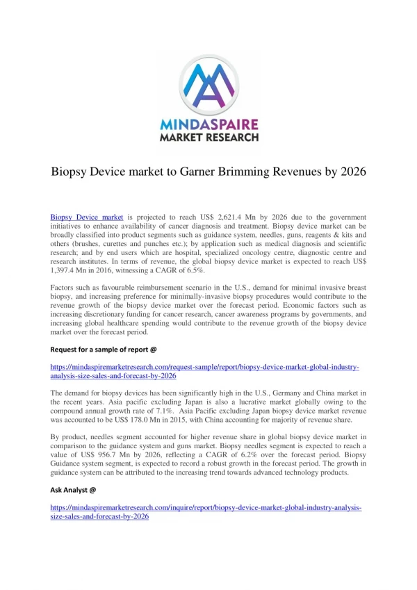 Biopsy Device market to Garner Brimming Revenues by 2026