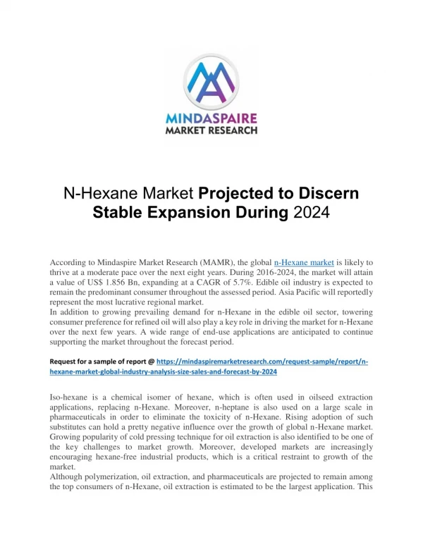 N-Hexane Market Projected to Discern Stable Expansion During 2024