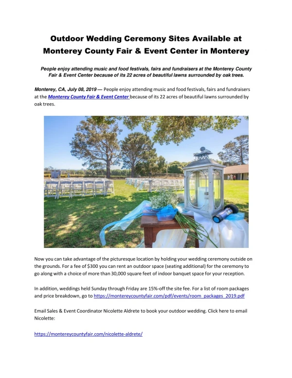 Outdoor Wedding Ceremony Sites Available at Monterey County Fair & Event Center