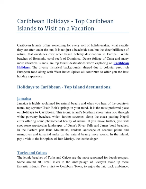 Caribbean Holidays - Top Caribbean Islands to Visit on a Vacation