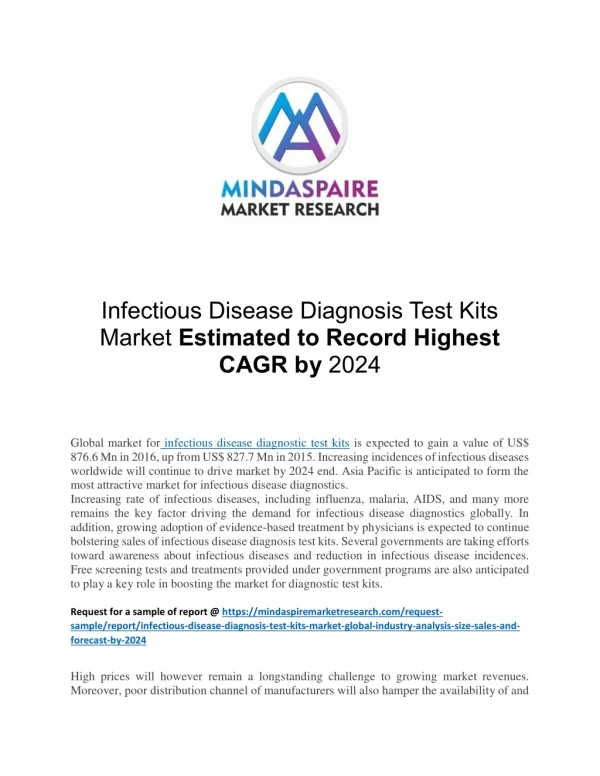 Infectious Disease Diagnosis Test Kits Market Estimated to Record Highest CAGR by 2024