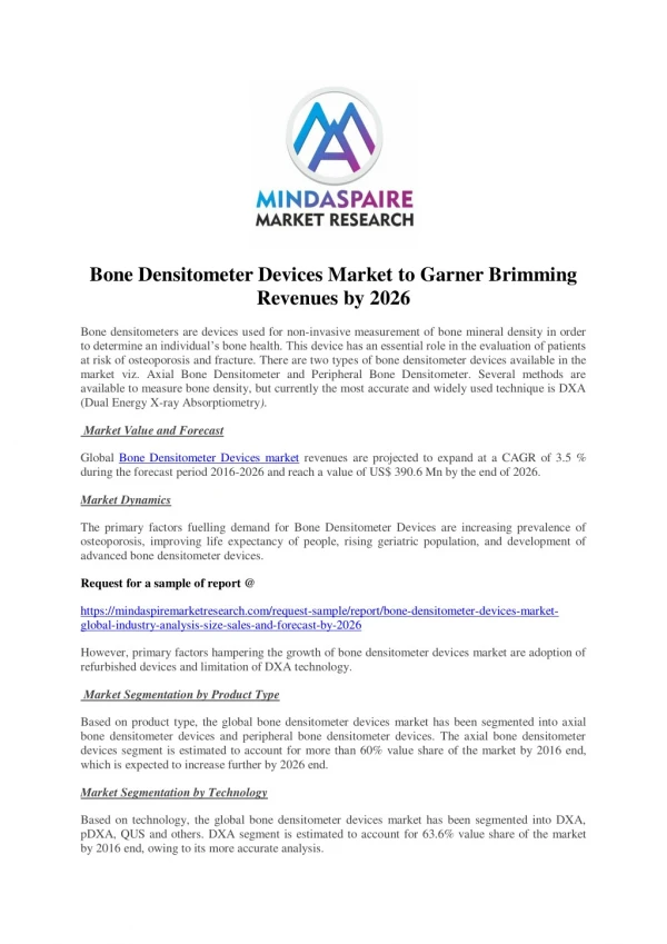 Bone Densitometer Devices Market to Garner Brimming Revenues by 2026