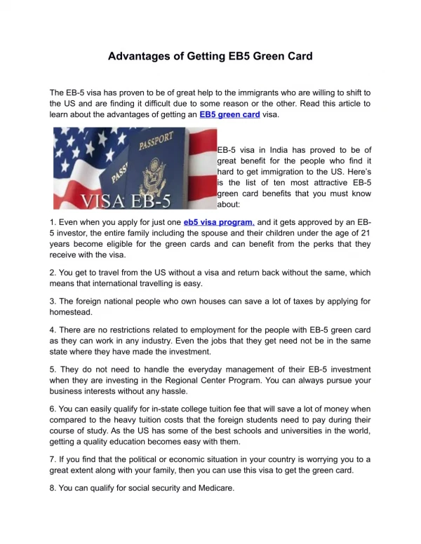 Advantages of Getting EB5 Green Card