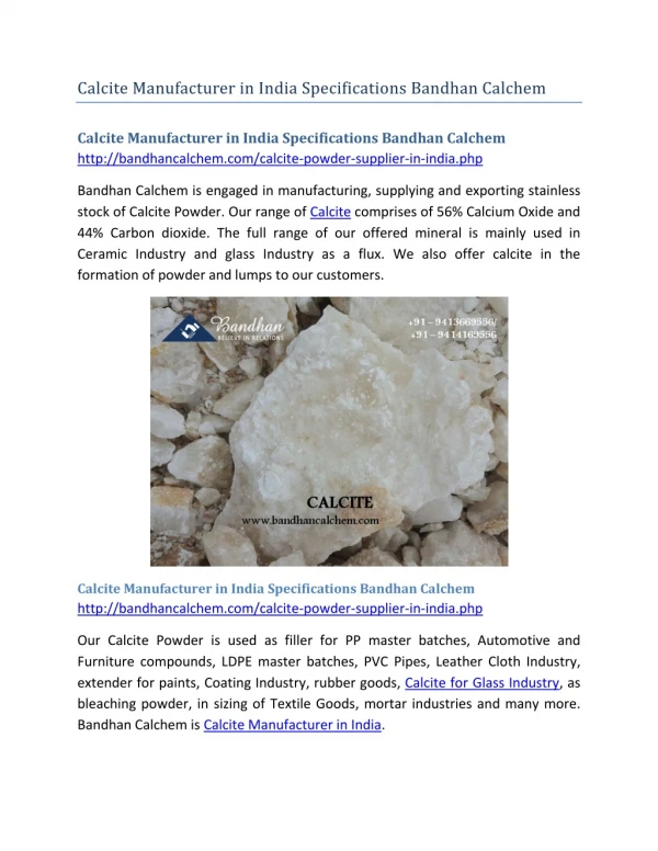 Calcite Manufacturer in India Specifications Bandhan Calchem