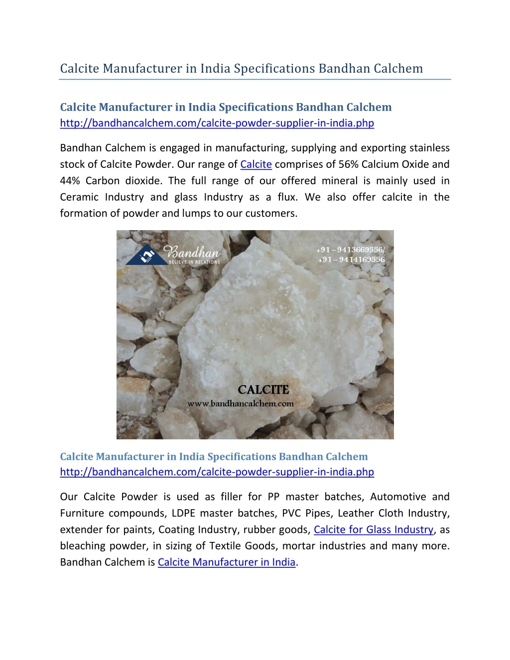 calcite manufacturer in india specifications