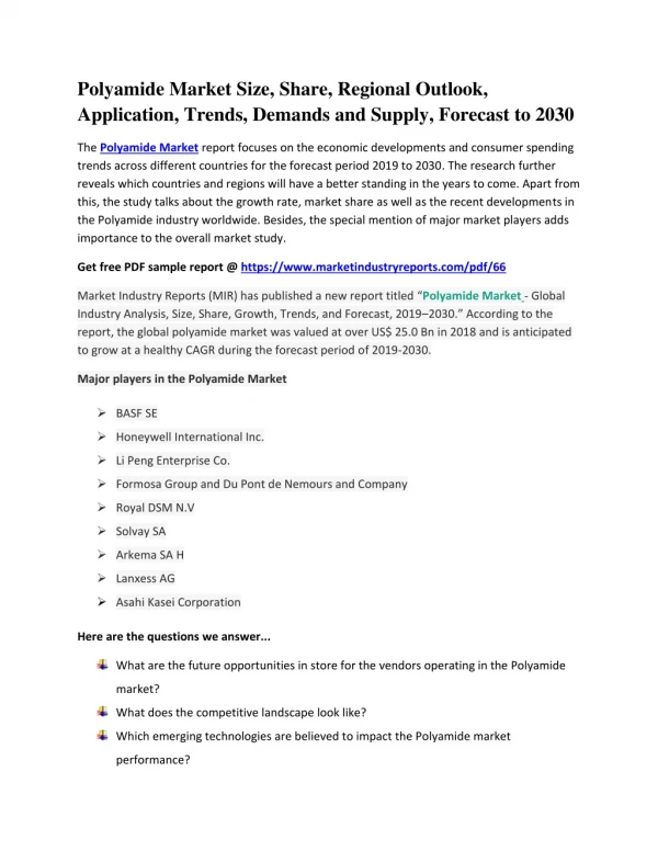 Polyamide Market Size, Share, Regional Outlook, Application, Trends, Demands and Supply, Forecast to 2030