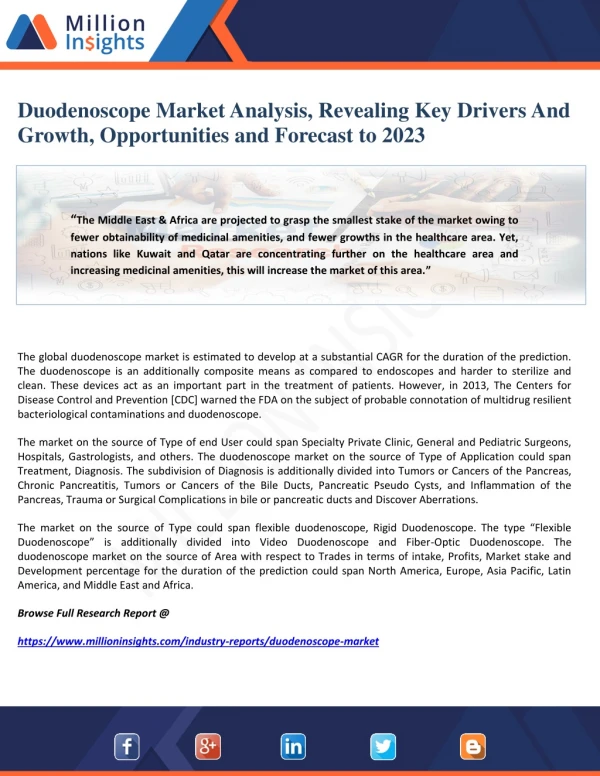 Duodenoscope Market Analysis, Revealing Key Drivers And Growth, Opportunities and Forecast to 2023