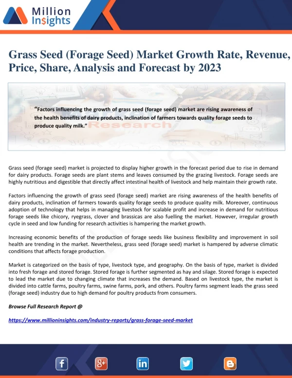Grass Seed (Forage Seed) Market Growth Rate, Revenue, Price, Share, Analysis and Forecast by 2023
