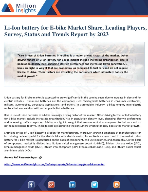 Li-Ion battery for E-bike Market Share, Leading Players, Survey, Status and Trends Report by 2023