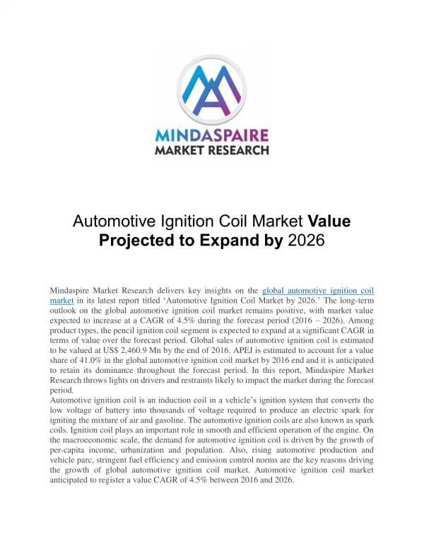 Automotive Ignition Coil Market Value Projected to Expand by 2026