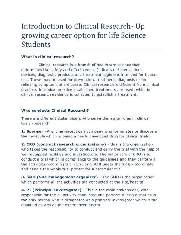 Introduction to Clinical Research- Up growing career option for life Science Students